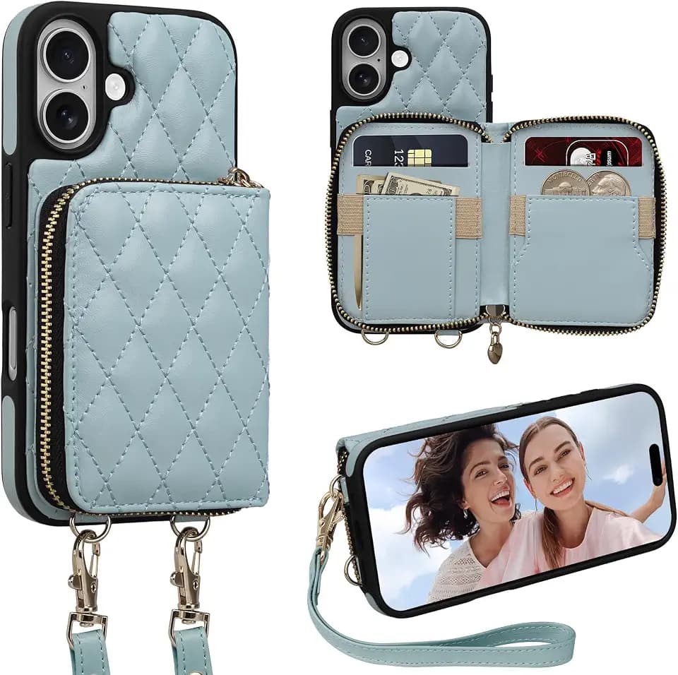 Case for iPhone 17 6.3'' Wallet Case, Crossbody Zipper Purse with Wrist Strap Lanyard Handbag, RFID Blocking Card Holders, Kickstand Flip Leather Cover for iPhone 17, Blue