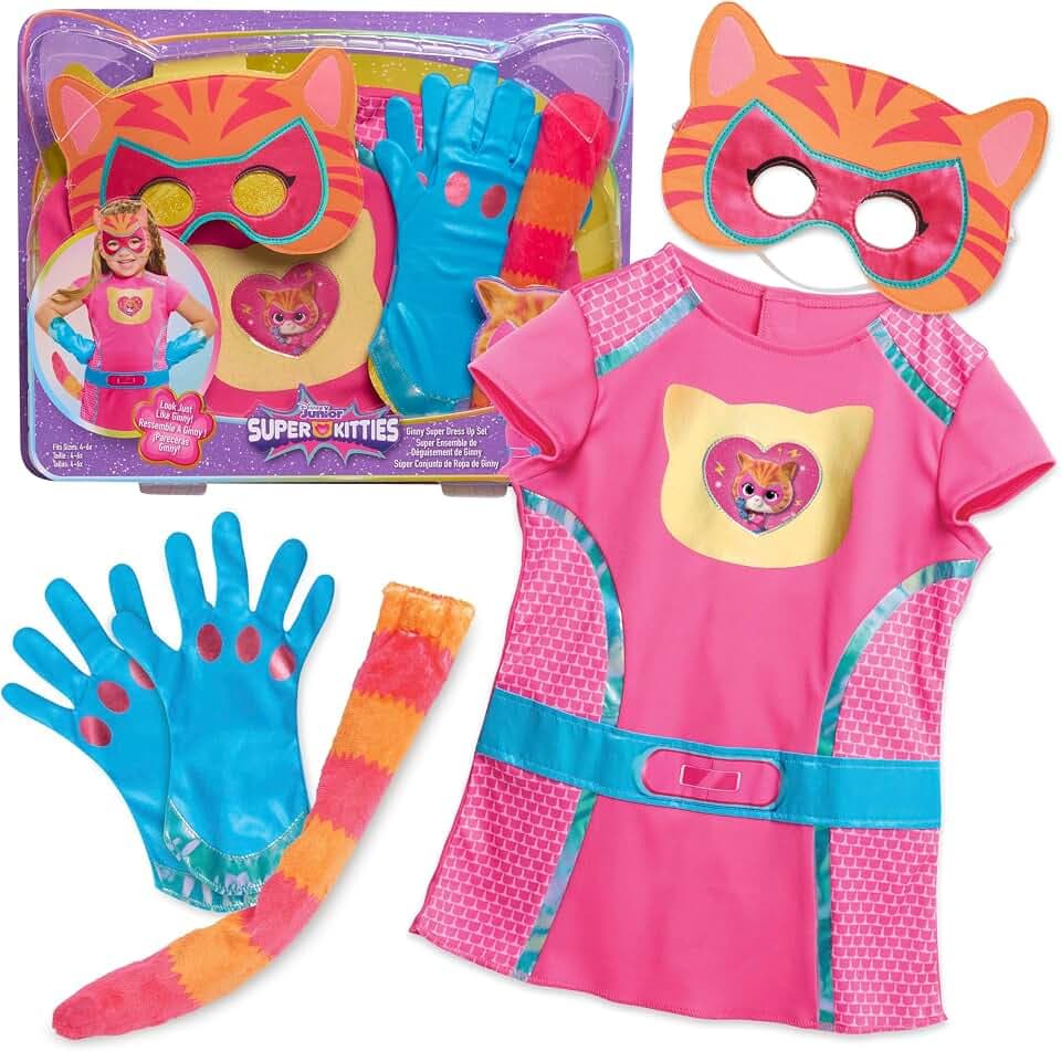 Disney Junior SuperKitties Ginny Dress Up Costume Set, 5-Piece Superhero Role Play Outfit with Mask, Gloves & Tail, Size 4–6X, Kids Ages 3 and Up by Just Play, Kids Toys for Ages 3 Up by Just Play