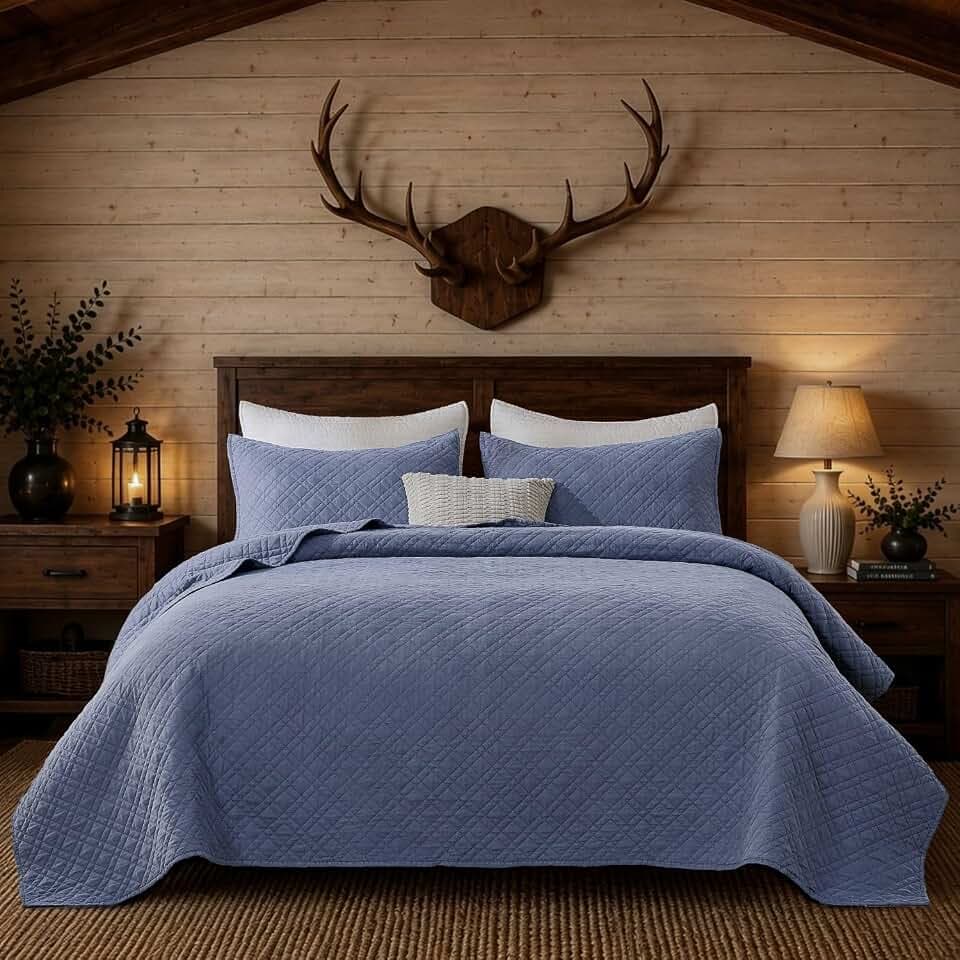Queen Quilt Set with Shams Lightweight Quilted Bedspread Coverlet Thin Comforter Bed Cover Vintage Washed Quilted Blanket for All Season, Brushed Microfiber Diamond Stitching, Lake Blue, 88"x92"