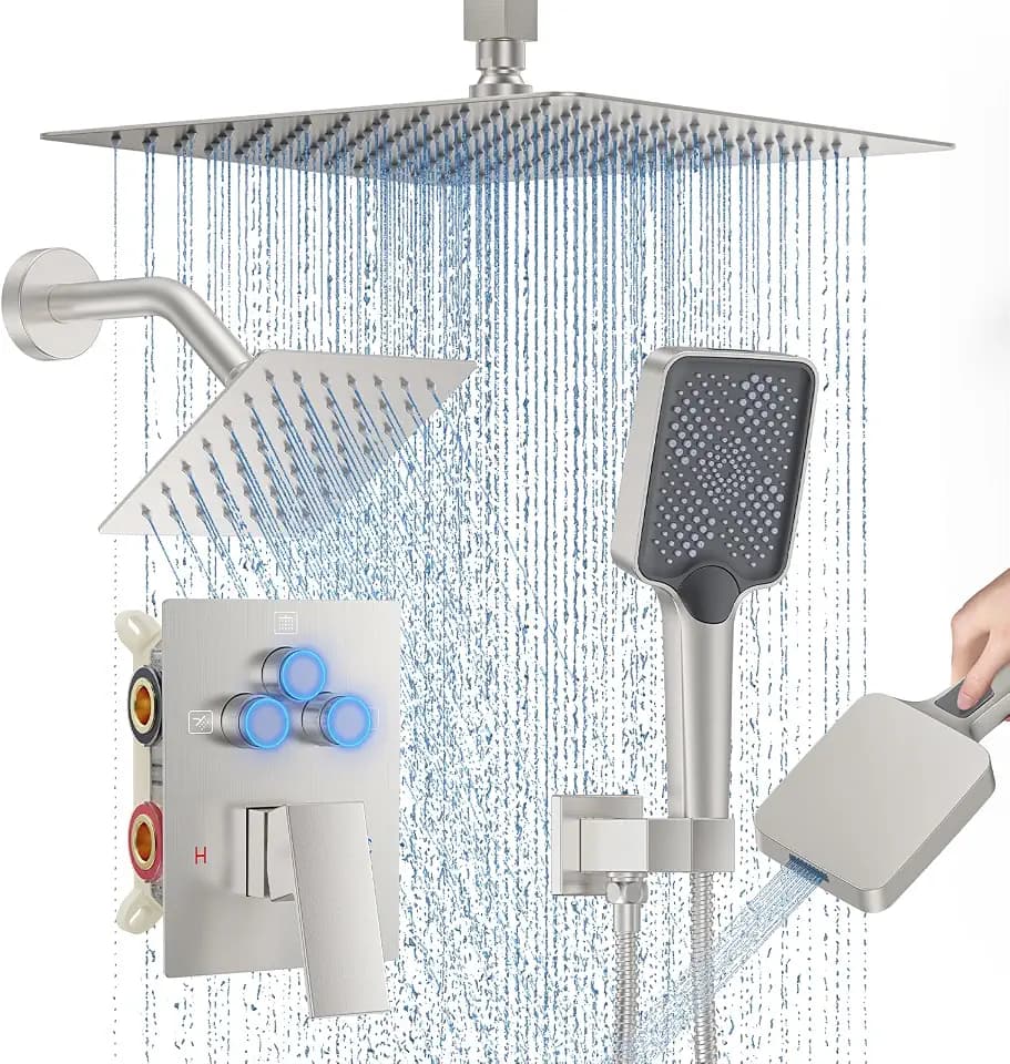 Shower Faucet Set, 12" Ceiling Mount Rainfall Shower System with 2 Rain Shower Head and Multi-function Handheld Head Push Button Diverter Shower Faucet Trim Kit (12", Brushed Nickel)