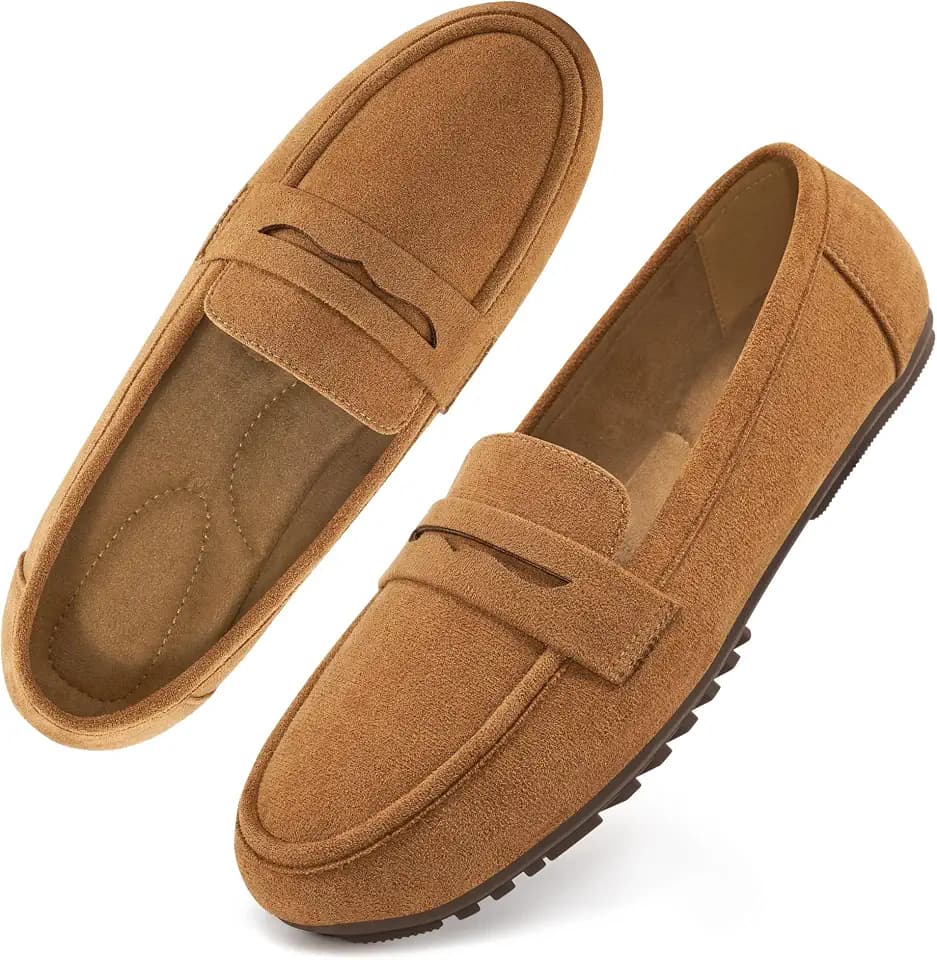 Ecetana Women Loafers Comfortable Shoes Casual Slip on Penny Moccasins Flats for Walking Driving Business Suede-Brown