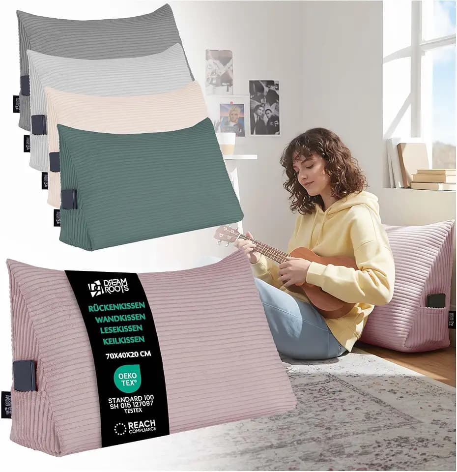 DreamRoots Lesekissen Keilkissen Cord, 70x40x20 cm, Helles Rosa