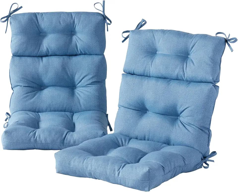 Greendale Home Fashions Outdoor Tufted High-Back Chair Cushions, One-Piece Hinged Seat and Back Design, Reversible with 4 Ties, Durable Polyester Fabric, Recycled Fiber Fill - 2 Pack, Denim