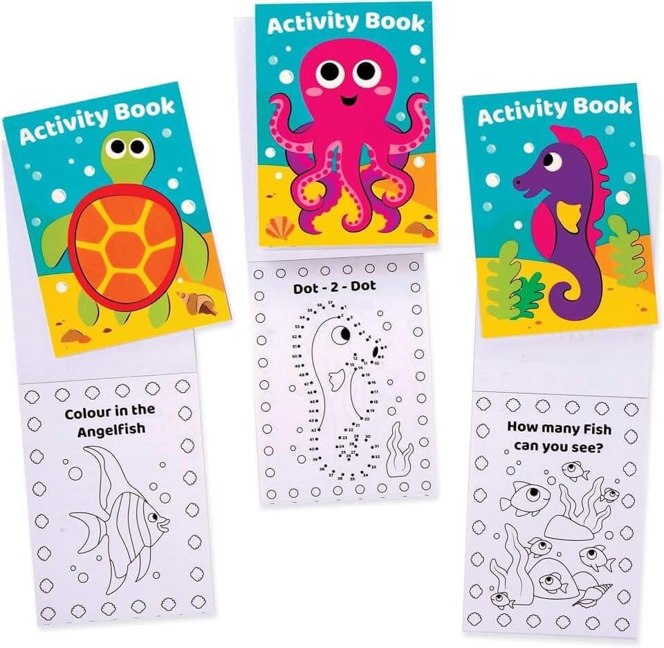Baker Ross FE529 Meeresleben-Mini-Aktvitätsbücher (Englische Version), 12 Stück, inklusive Puzzles, Aufkleber, Punkt-zu-Punkt und Malseiten für Kinder