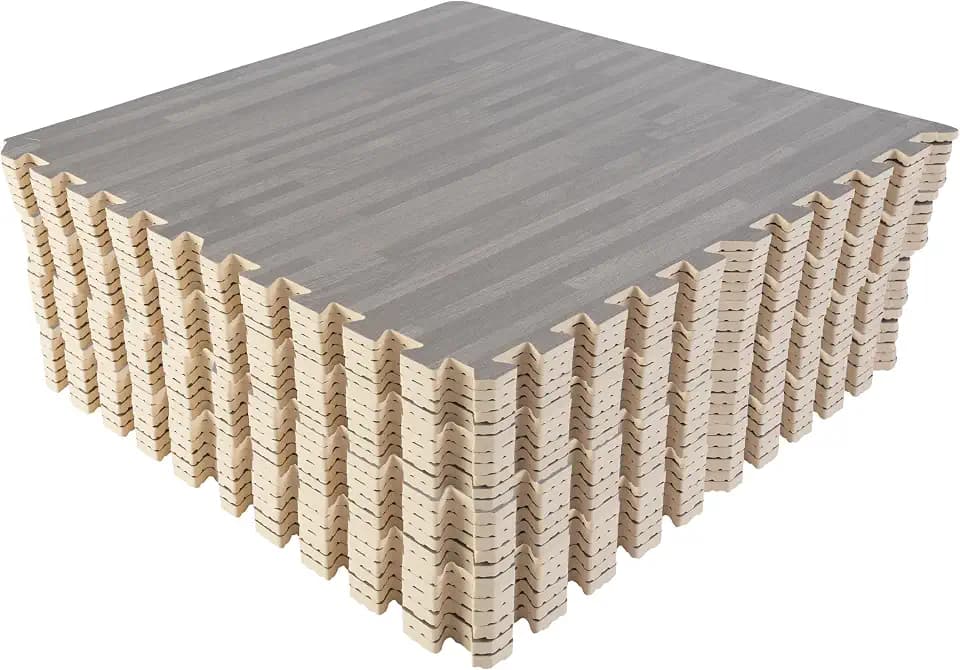 Foam Floor Tiles - 96sqft Wood Grain Interlocking Foam Tiles with Border - Foam Play Mat Playroom or Gym Flooring for Home Gym by Stalwart (Gray)