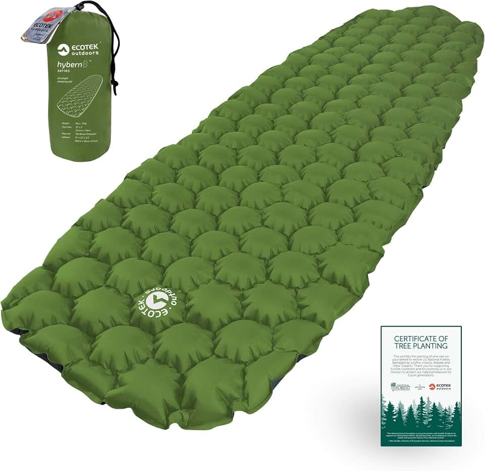 Ecotek Outdoors Hybern8 ultraleichte, aufblasbare Isomatte zum Wandern, Backpacken, Campen – Konturiertes FlexCell-Design – Perfekt für Schlafsäcke, Hängematten