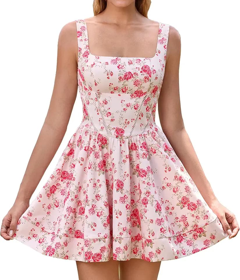 KUTUMAI Floral Corset Mini Dress Square Neck Flowy A Line Cute Graduation Short Dresses for Women Summer 2026