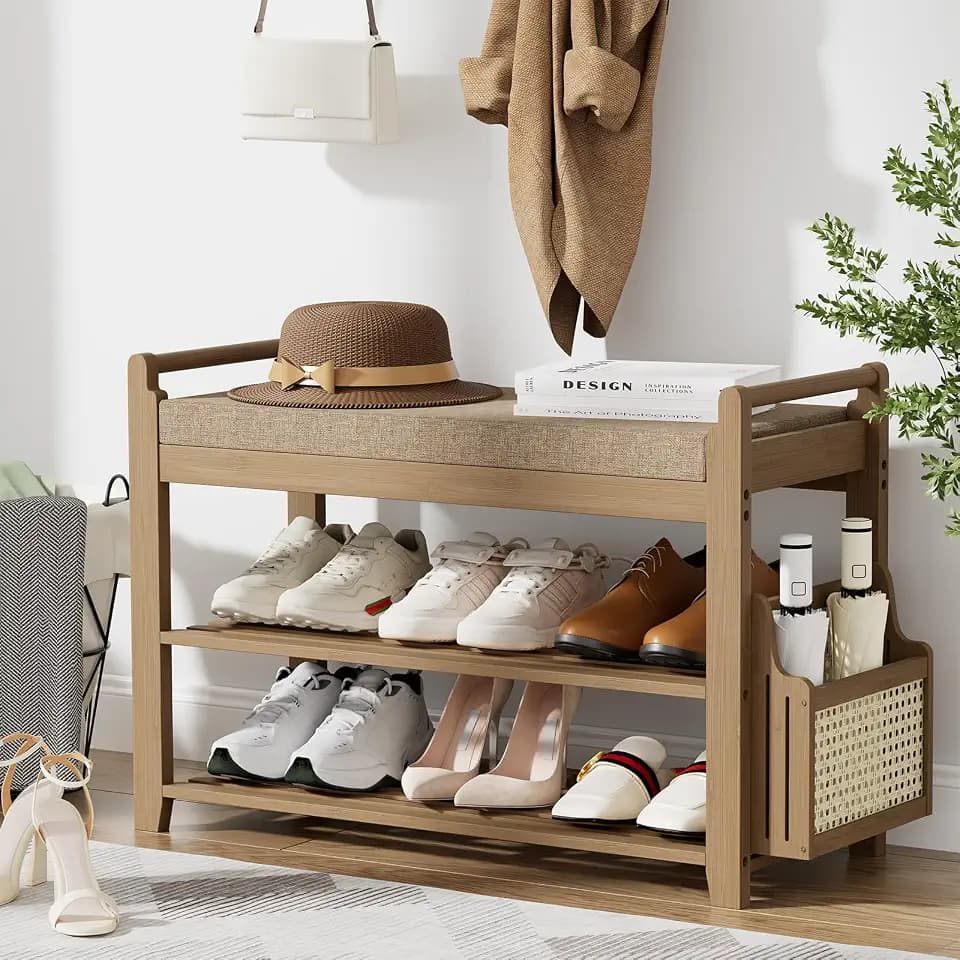 Homaxy 2-Tier Shoe Rack Bench, 28.2 in, Walnut and Light Brown