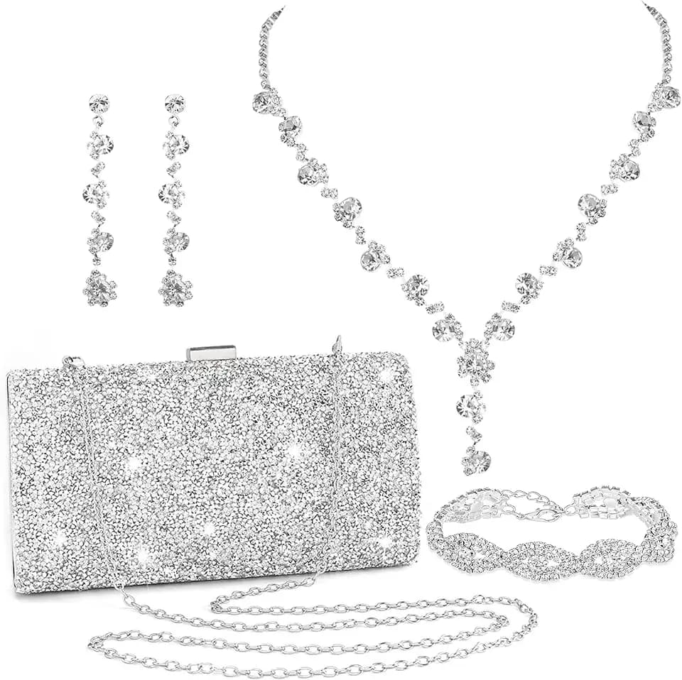 FEYIR Clutch Purse Jewelry Set for Women Evening Bags Rhinestone Crystal Necklace Earrings Bracelet Set Formal Wedding Bridal Accessories Jewelry for Prom