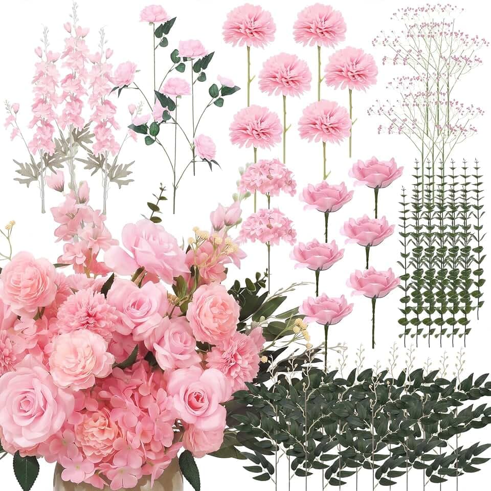 Janinka 50 Pcs Mixed Pink Artificial Flowers Faux Greenery Bulk