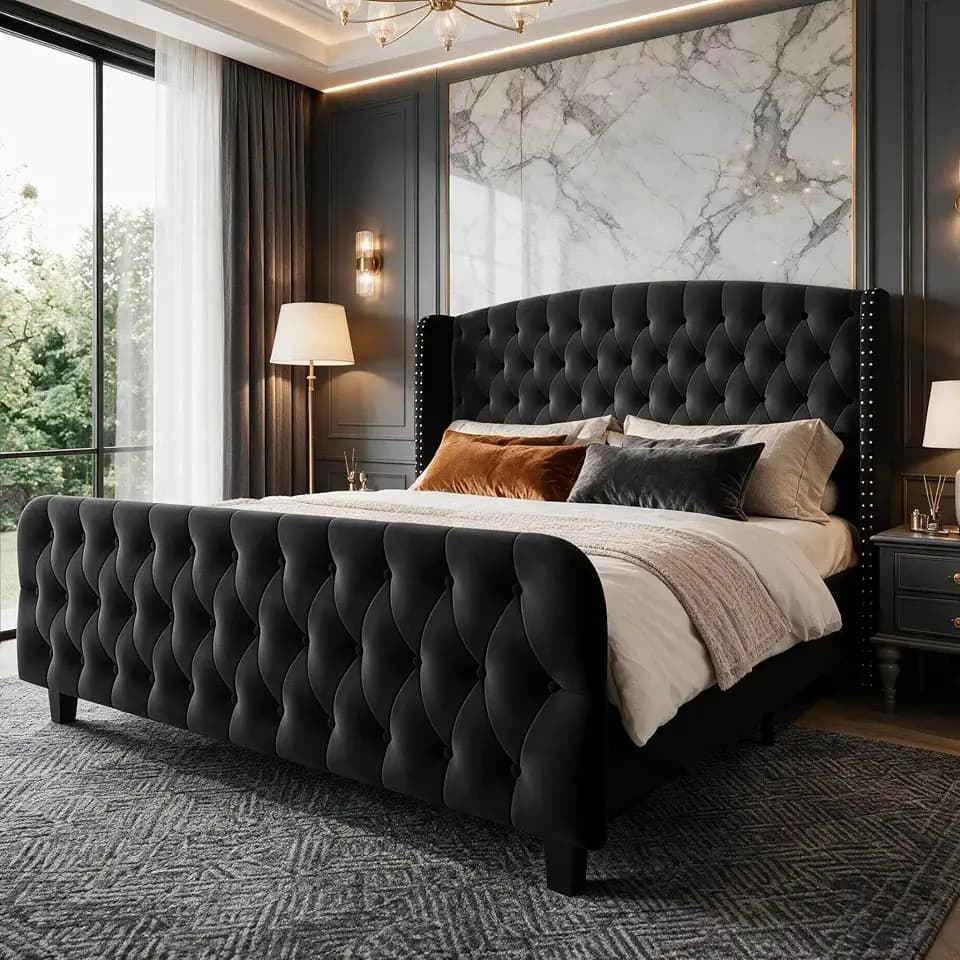 GarveeHome 51" Tall Queen Size Bed Frame with Wingback Headboard, Black