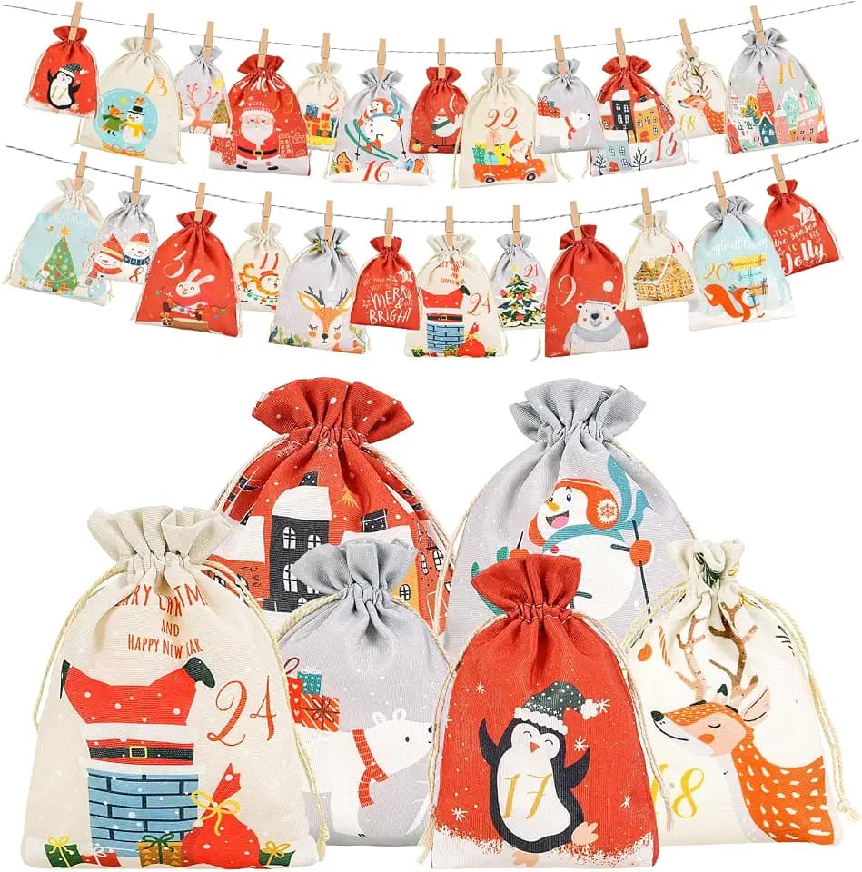 Adventskalender zum Befüllen, Weihnachtskalender Selber Befüllen Kinder, Adventskalender zum Selbstbefüllen stoff, 24 Weihnachtskalender zum Befüllen Säckchen, Adventskalender (Rot)