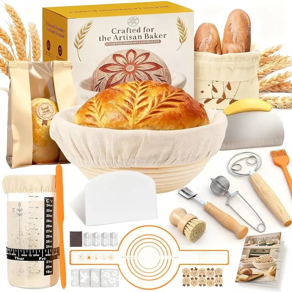 Sourdough Starter Kit for Beginners - 9" Round Banneton Proofing Baskets with Glass Jar, Bread Sling, Dough Scrapers, Cooling Rack - Complete Baking Supplies for Homemade Gift