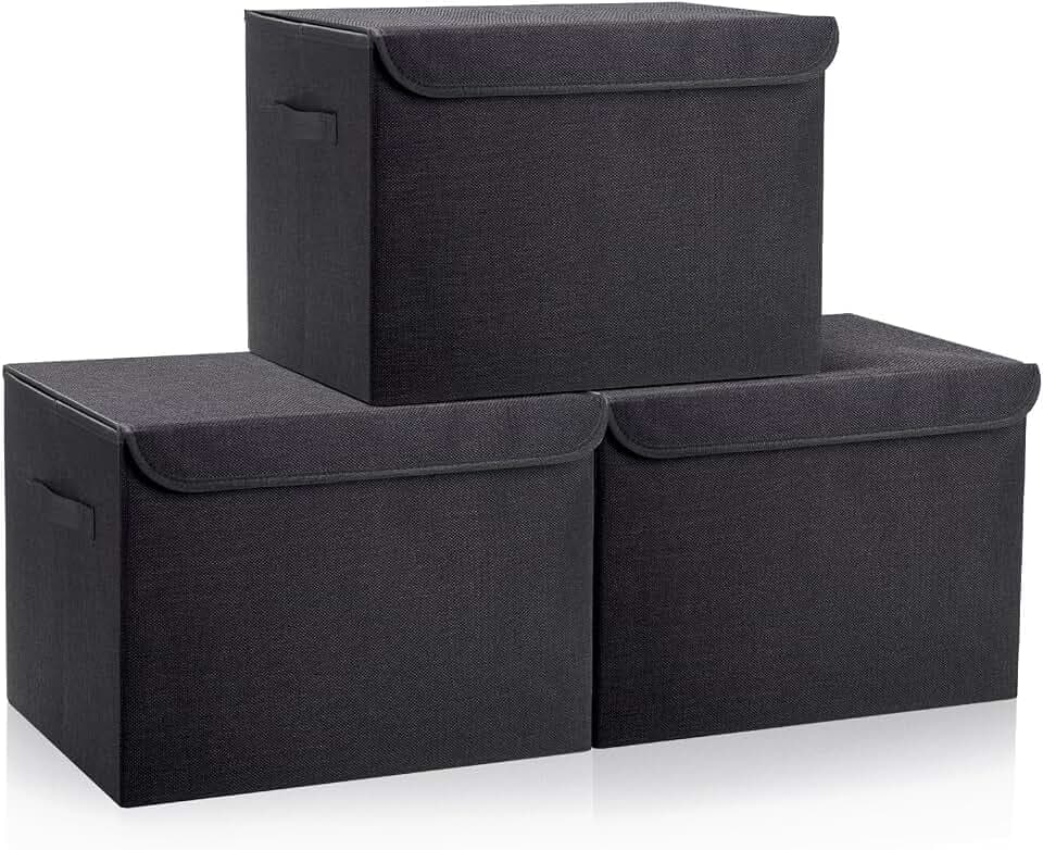 Bagnizer Large 17" 42 Quarts Collapsible Stackable Storage Bins with Lids [3-Pack] Foldable Fabric Linen Storage Boxes Cube, Closet Organizer Baskets with Label (16.7 x 12 x 12, Black)