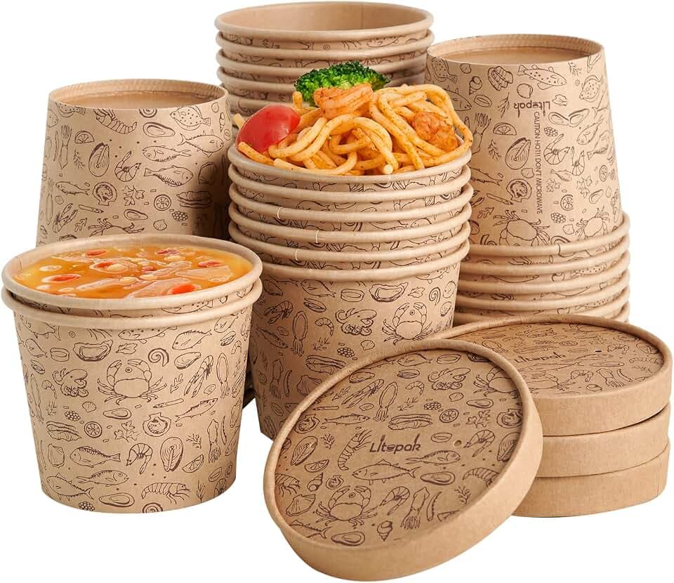 LITOPAK 50 Pack 12 oz Paper Containers with Lids, disposable soup bowls