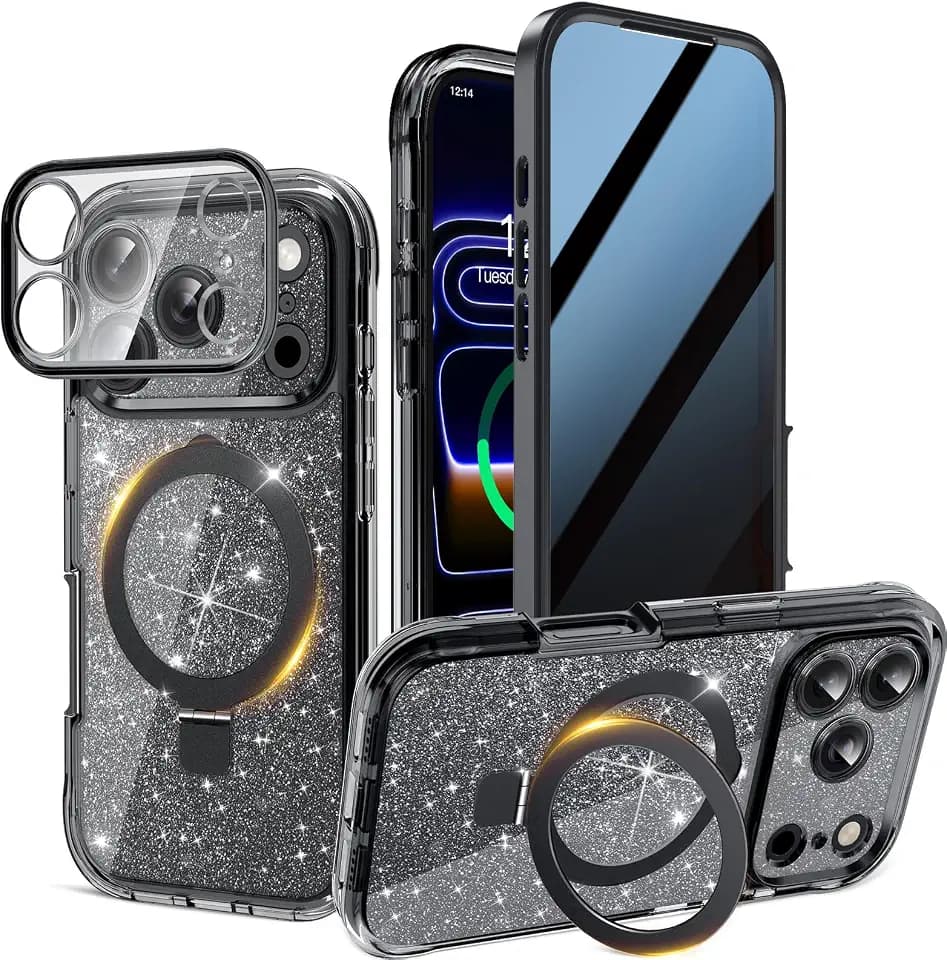 Magnetic Privacy Case for iPhone 17 Pro Max [DIY Glitter Cardstock], Black