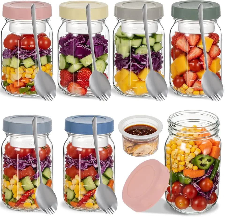 6 Pack Glass Salad Jars with Lids, 32 oz Large Leakproof Meal Prep Salad Container with 6 Forks, 3-layer Compartmentalized Cups Jars for Home, Office and Outdoor