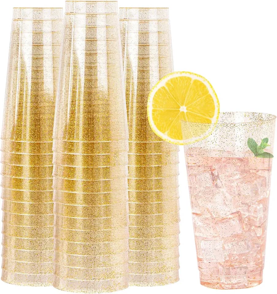 I00000 16 oz Gold Plastic Cups, 50 Pack Gold Glitter Plastic Cups