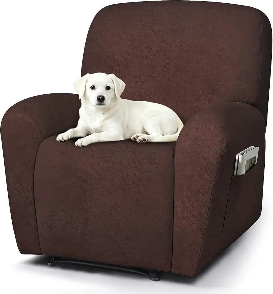ANARACHON Recliner Chair Covers 4-Piece Leather Look Cover for Recliner Chair with Pocket,Non-Slip Recliner Covers Washable for Pets(02-#4Chocolate,1 Seater)