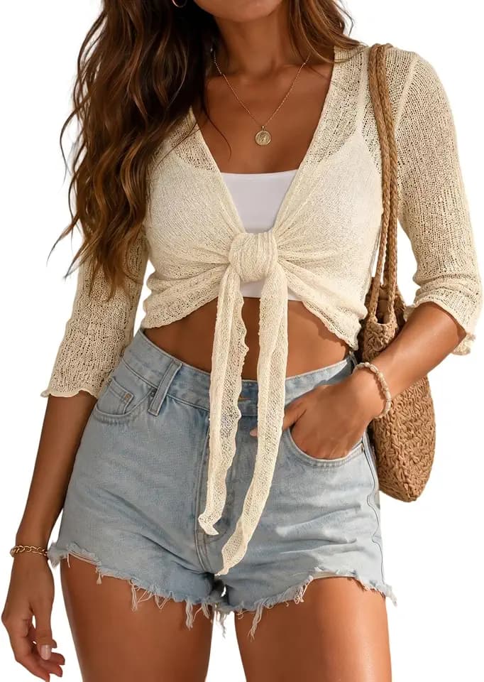 LOMON Womens 3/4 Sleeve Sheer Shrug Cardigan Lightweight Mesh Knit Dressy Casual Cover Up