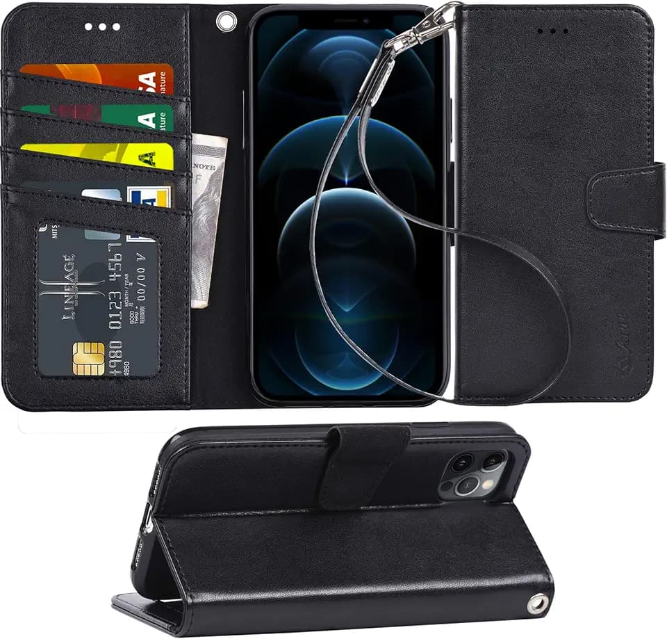Arae Compatible with Case iPhone 12 Pro Max Wallet Flip Cover with Card Holder and Wrist Strap - Black