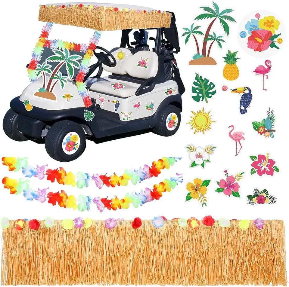 Zeyune 19 Pcs Hawaiian Golf Cart Decorations Kit, Grass Banner Flower Lei