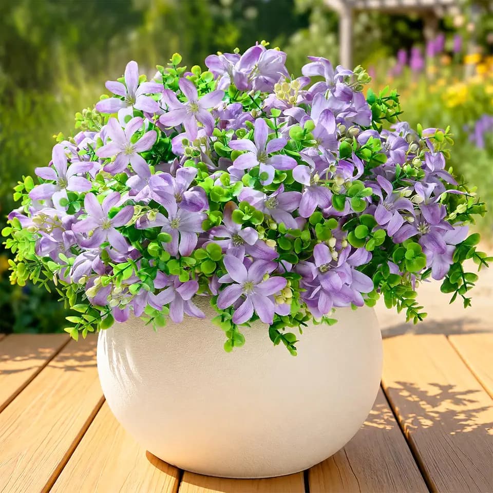 Realistic Artificial Flowers for Outdoors Decorations, 6 Bundles Life-Like Faux Silk Flower UV Resistant Artificial Plants for Outdoor Planter Garden Patio Window Box Front Porch Decor, Purple