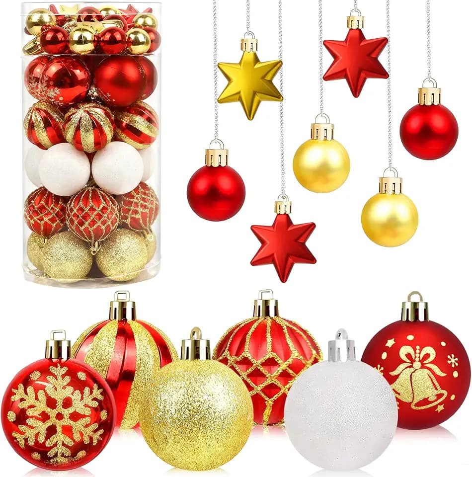 40 Stück Weihnachtskugeln Kunststoff Christbaumschmuck, Rot Gold Weiß