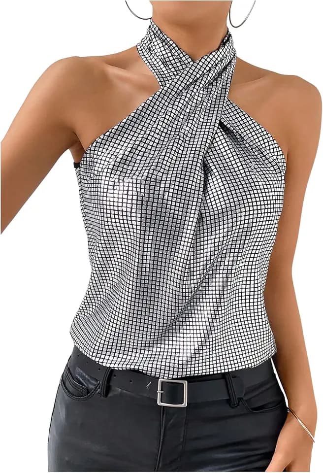 RoseSeek Women's Silver Sequin Sparkly Halter Top Metallic Going Out Tops