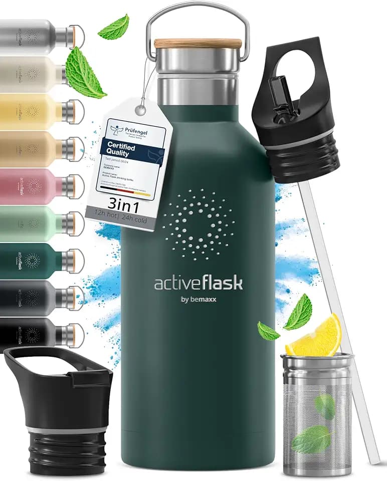 Trinkflasche Edelstahl mit Strohhalm, Infuser + 3 Deckel: BPA-frei, Auslaufsicher, Kohlensäure geeignet - Wasserflasche Fahrrad Thermosflasche Isoliert Isolierflasche Sport Wasser Flasche Kinder Tee