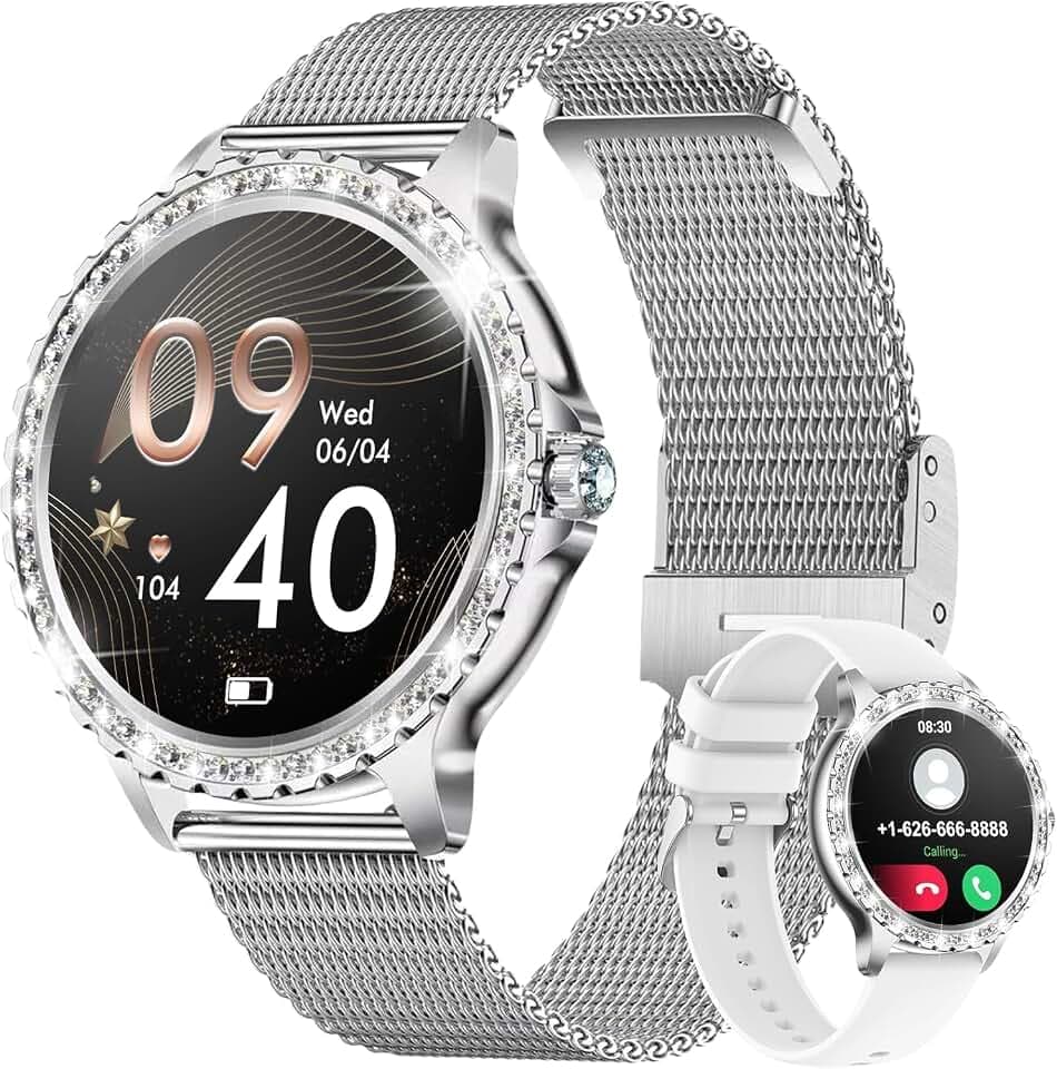LIGE Smartwatch Damen mit Telefonfunktion, 1.32" Diamant Fitnessuhr für IOS Android, Menstruationszyklus, Herzfrequenz, Schrittzähler Armbanduhr, 500+ Ziffernblätter Smart Watch, Silber Mesh