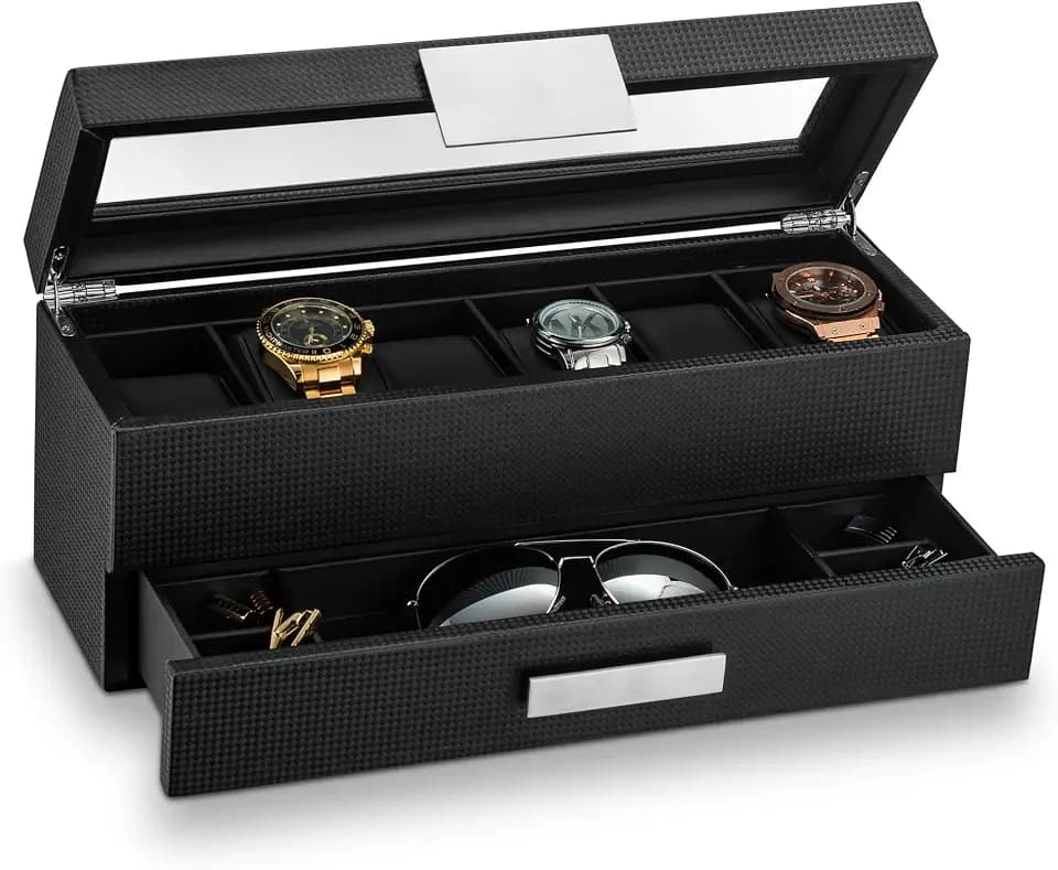 Glenor Co Watch Box with Valet Drawer for Men - 6 Slot Luxury Watch Case Display Organizer, Carbon Fiber Design -Metal Buckle for Mens Jewelry Watches, Men's Storage Holder Boxes has a Large Glass Top