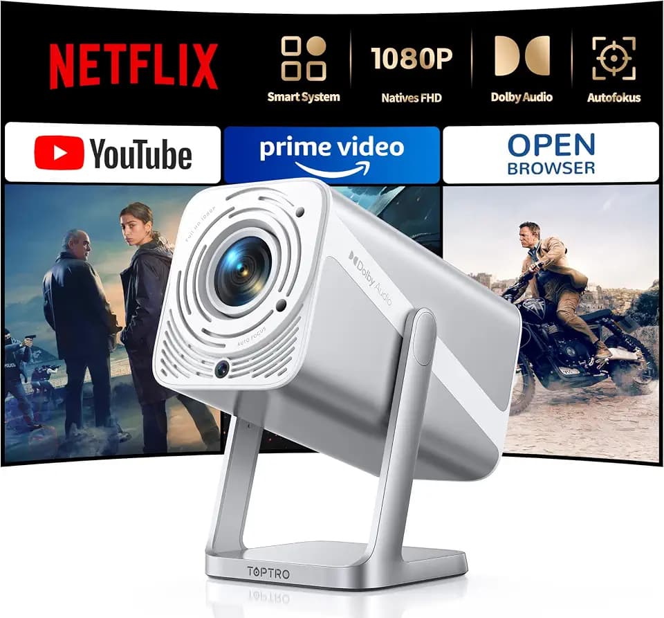 Smart Beamer [Kompatibel mit Netflix & Dolby Audio] Beamer 4K Heimkino 1080P FHD, Tragbarer Projektor 600ANSI Autofokus/Auto Vertikale Trapezkorrektur mit WiFi6 Bluetooth Outdoor 360°Drehbar