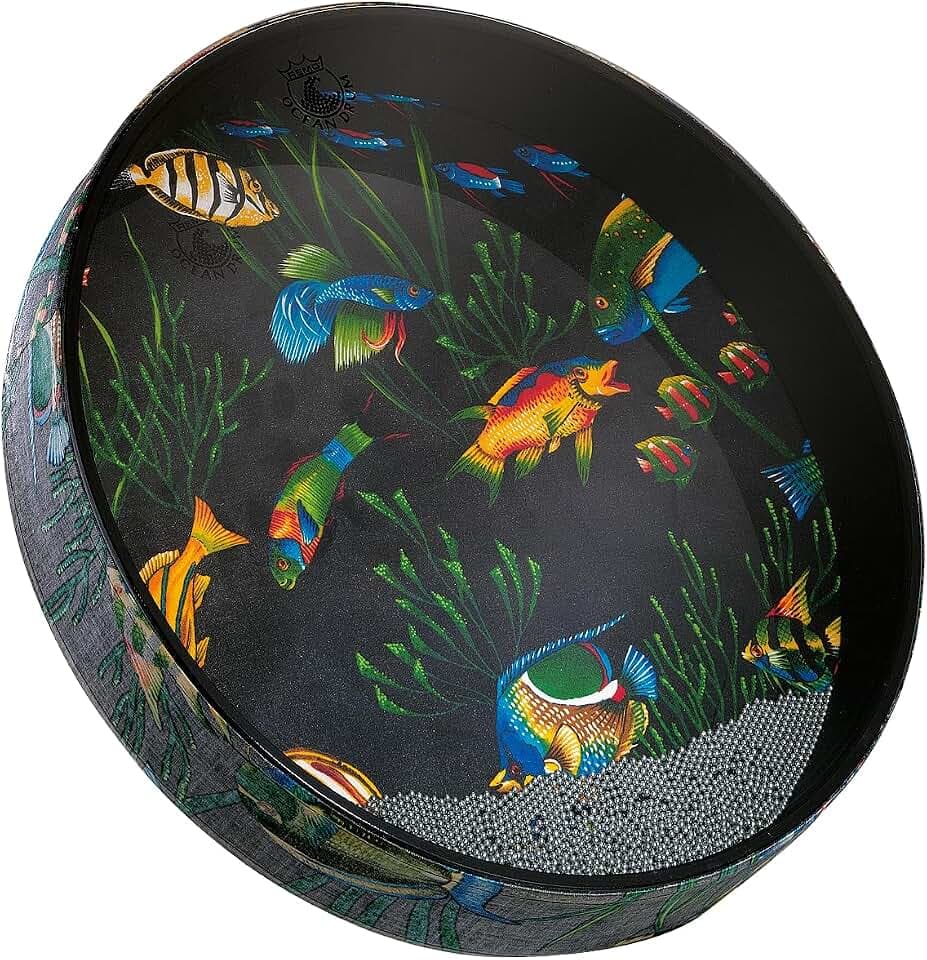 Remo World Percussion - Ocean Drum - 16" x 2,5" - Acousticon Rahmen, Stahlkugeln, Fisch Grafik - Meeresrauscheneffekt, für Klangtherapie und Kinder - ET-0216-11