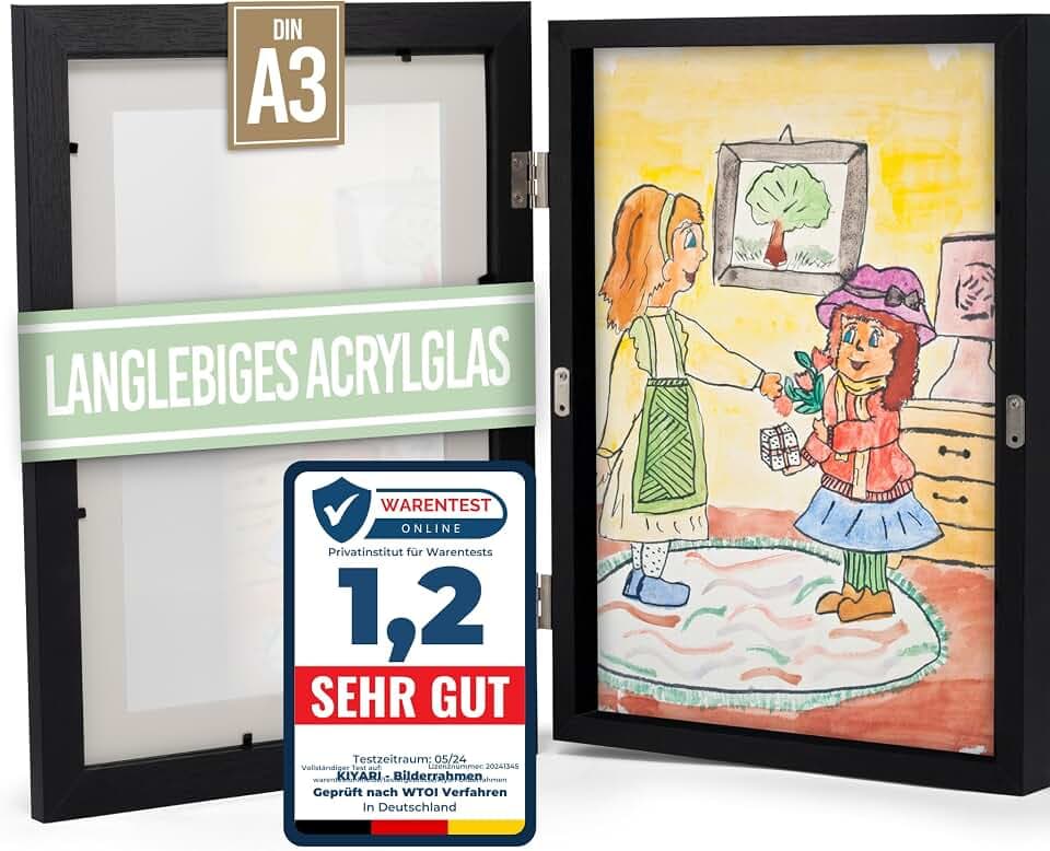 KIYARI Bilderrahmen Kinderzeichnungen A3 Holz Schwarz Frontöffnung