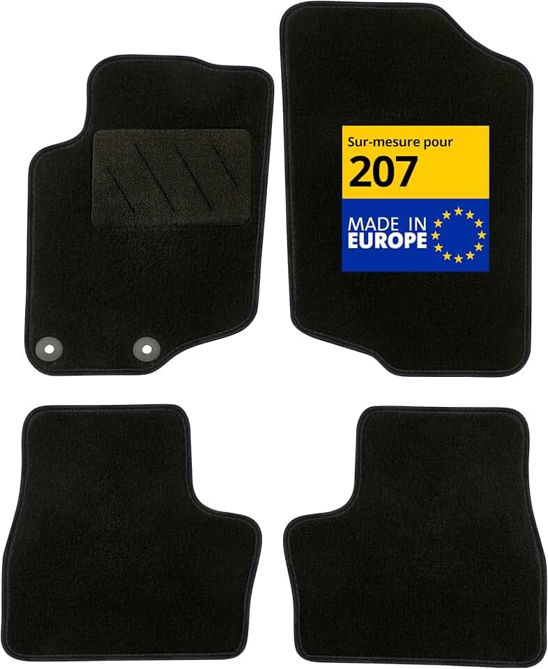 DBS - Autofußmatten - Maßgeschneidert für 207/207SW - Mit Befestigungsclips - Antirutschmatten - 4 Stück, schwarz