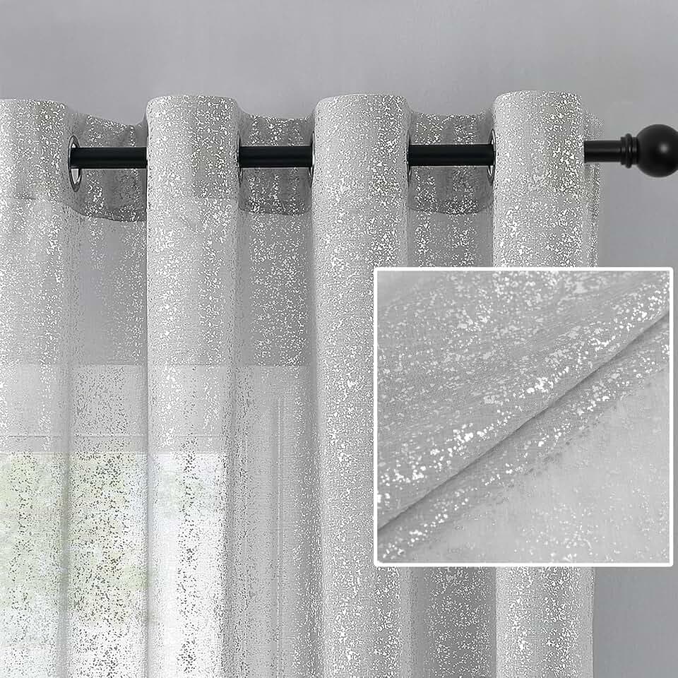 Grey Sheer Curtains with Silver Foil Dots, Grommet, 2 Panels 52 x 63 Inch