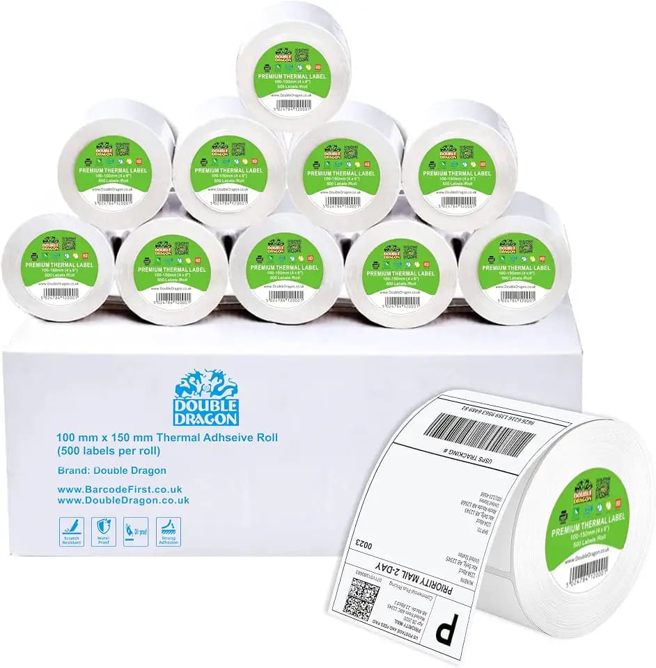 Double Dragon Premium Selbstklebende Thermoetiketten 100 x 150 mm (4" x 6") für Zebra- und MUNBYN-Drucker [10 Rollen - 5000 Etiketten]