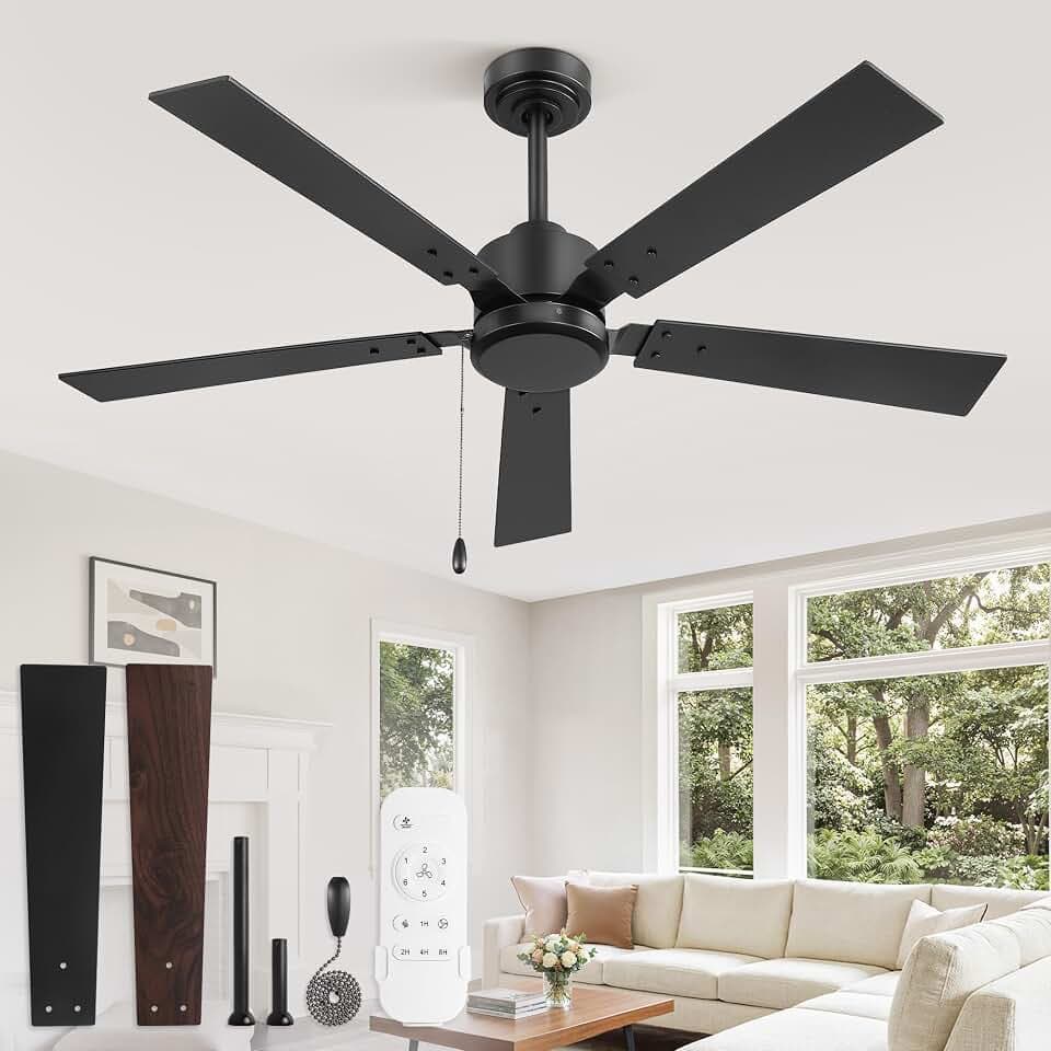 ZMISHIBO 52 Inch Ceiling Fan no Light with Pull Chain&Remote, Black, Modern