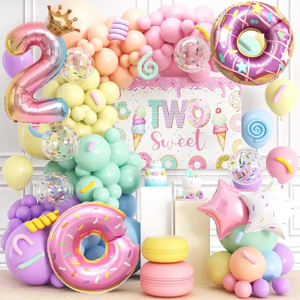 178pcs Two Sweet Birthday Decorations Donut 2nd Birthday Decorations for Girl, 28" Donut Balloons Backdrop Pastel Rainbow Balloon Arch Kit, Kids Ice Cream Candy Rainbow Theme Party Decor Supplies