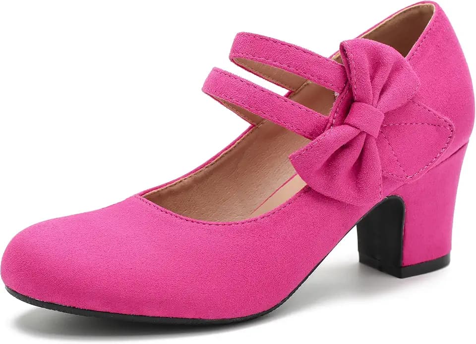 Enelauge Women's Mary Jane Heels with Bow Retro Closed Round Toe Pumps Sweet Ankle Strap Low Block Heels Chic Bowtie Vintage Dress Wedding Party Office Daily Shoes
