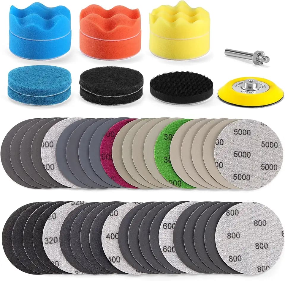 POLIWELL Car Headlight Restoration Kit, 3 Inch Car Polishing Sanding Discs Kit, 3 in Sandpaper Grit 320-5000 Headlights Sanding Sheets with 1/4” Shank Backing, Buffing Sponge Pads for Drill, 52 PCS