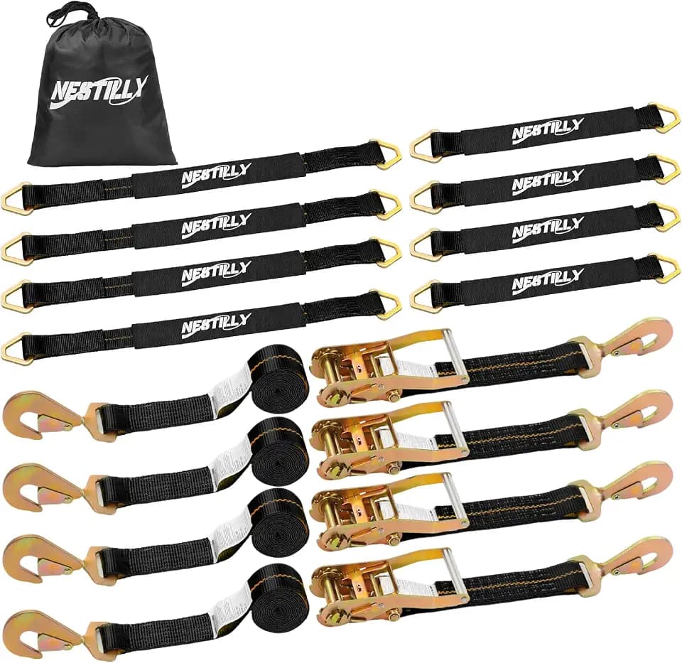 4 Pack Car Tie Down Straps for Trailers, 2" x 10 FT Heavy Duty Tire Tie Down Straps with Snap Hooks, 10,000 lbs Break Strength, Includes 4 x 22 & 4 x 36 Axle Straps for Car Hauling