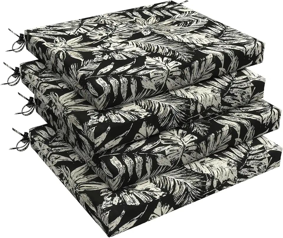 LVTXIII Outdoor Chair Cushions 18.5"x16"x2" Pack of 4, Water-Repellent Square Corner Memory Foam Seat Cushions with Ties for Garden Patio Furniture, Tropical Leaf Black