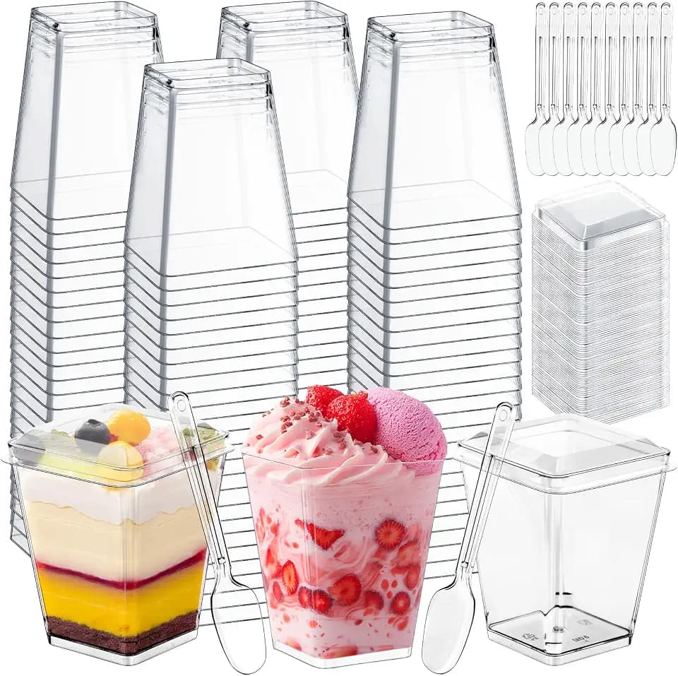 5-Oz Clear Mini Dessert Cups with Spoons and Lids, 150 Pcs Serves 50