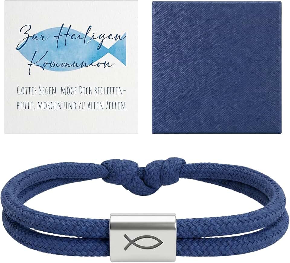 Kommunion Geschenke für Mädchen Junge - Fisch Symbol Armband mit Geschenkbox und Grußkarte, Erstkommunion Geschenk Taufgeschenke Firmung Armbänder mit Edelstahl Charme