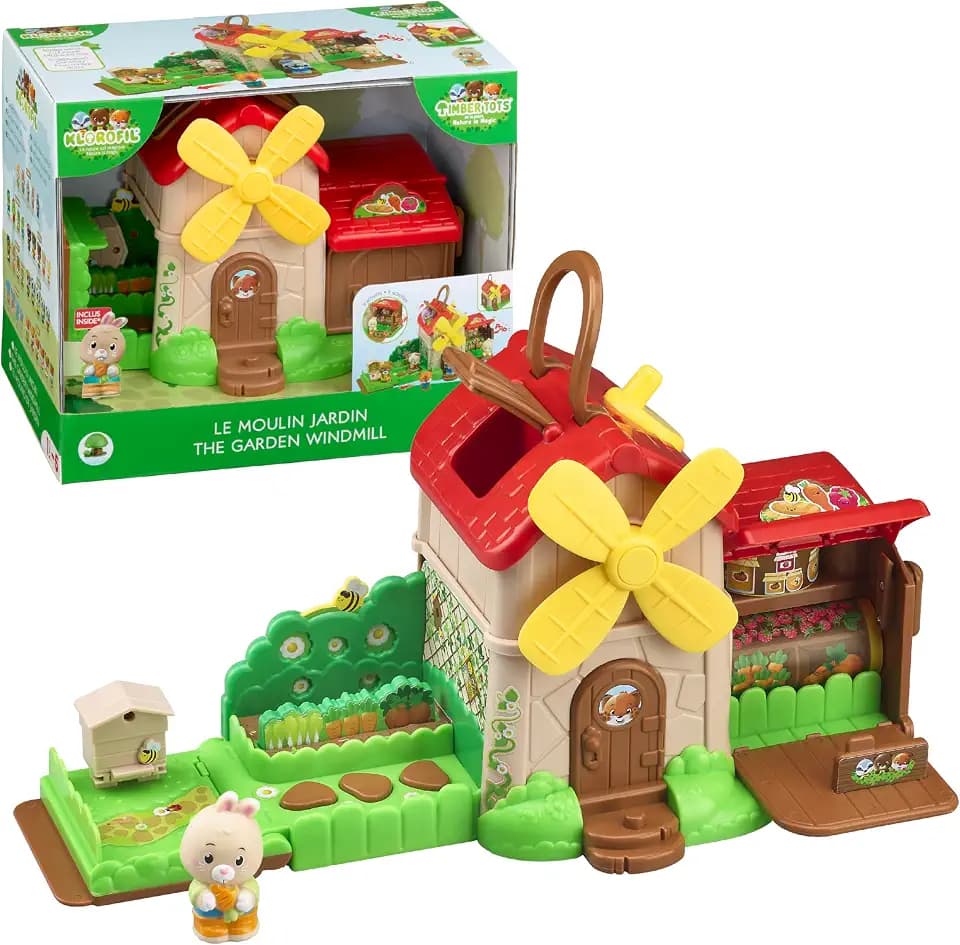 Les Klorofil – Le Moulin Jardin – Fantasie-Spielzeug für Kinder ab 18 Monaten – Pop-Up-Haus Timber Tots mit Kurbel, Aktivitäten und Figur Kaninchen – Klorofil Universum kompatibel – Erlebnisspiel