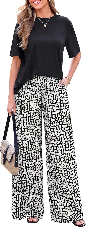 PRETTYGARDEN Women‘s Summer 2 Piece Sets Short Sleeve Tops Beach Boho Pants