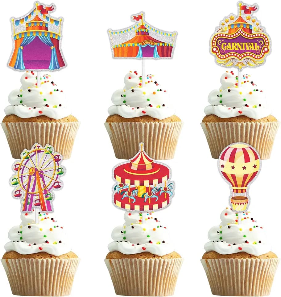 Cupcake Toppers Set of 18 Pieces, Amusement Park Themed Kids Happy Birthday, A beautiful amusement park themed party, baby shower party, and birthday party decoration for boys and girls, SugarGera