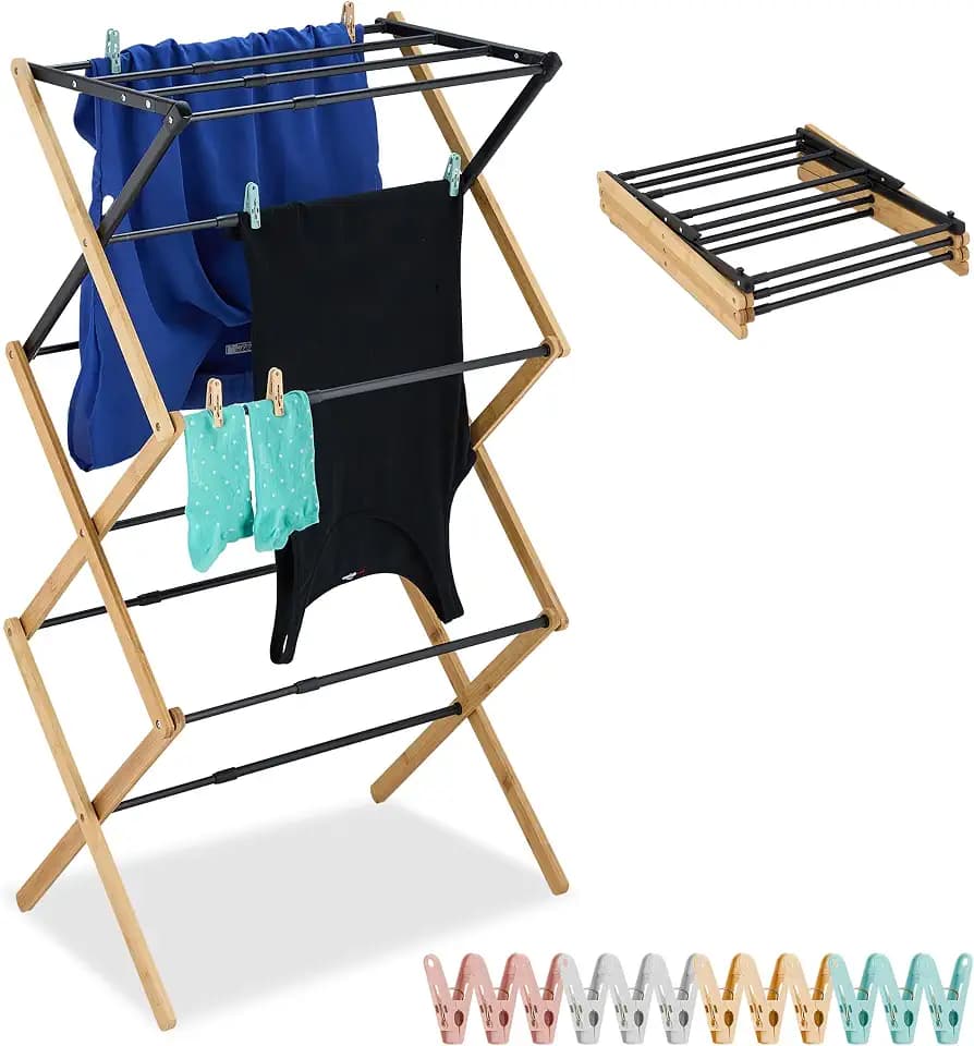 Relaxdays Wäscheständer, klappbar, ausziehbar, 11 Stangen, HxBxT: 105 x 43–75 x 37 cm, Bambus, Metall, schwarz/Natur